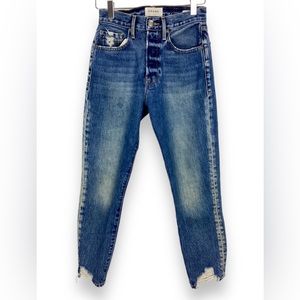 Frame Le Original Distressed Button Fly Jeans fray crop medium dark Wash baddie